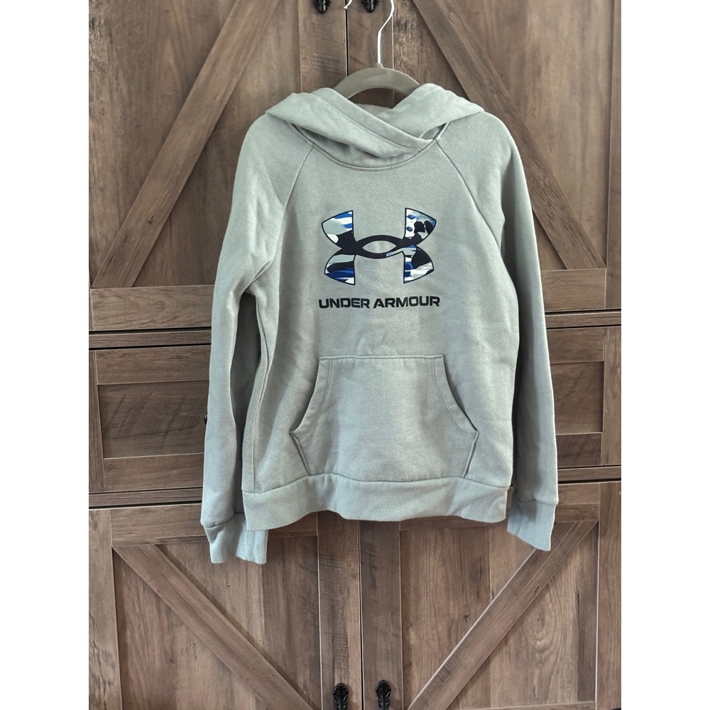 Under Armour Boys Fleece Hoodie Sage Green Camo Logo Sweatshirt YSM Small